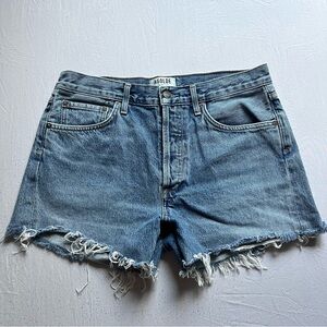 AGOLDE blue cotton denim cutoff raw fray hem high rise shorts